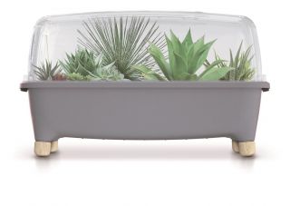 Domowy ogród z drewnianym akcentem z pokrywą - Szklarenka domowa Respana Planter - 77 cm - kamienny szary