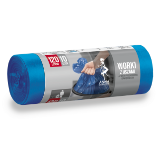 Worki na śmieci z uszami - niebieskie - 120 litrów - 10 szt. - LDPE