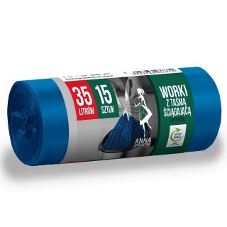 Worki na śmieci z taśmą ściągającą - niebieskie - SUPERMOCNE - 35 litrów - 15 szt. - LDPE