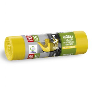 Worki do segregacji odpadów z uszami - PLASTIK, METAL - żółte - 60 l - 16 szt.