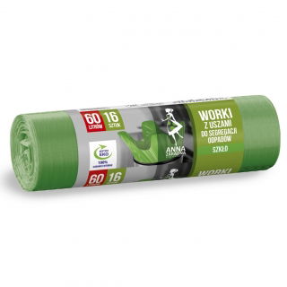 Worki do segregacji odpadów z uszami - SZKŁO - zielone - 60 l - 16 szt.
