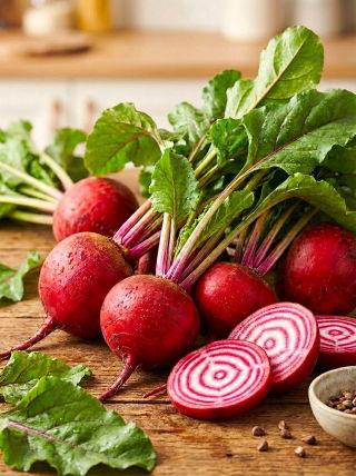 Burak ćwikłowy Tonda di Chioggia - pasiasty miąższ, biało-czerwony, dekoracyjny, nadaje się do jedzenia na surowo