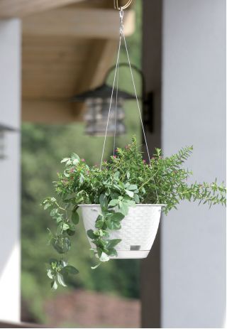 Doniczka wisząca z nierdzewnym łańcuszkiem okrągła + podstawka Ratolla - 22 cm - biała