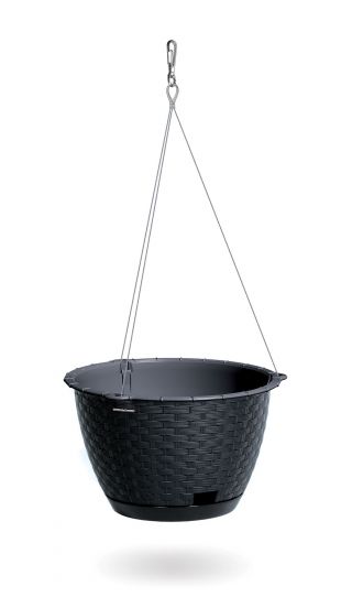 Doniczka wisząca z nierdzewnym łańcuszkiem okrągła + podstawka Ratolla - 22 cm - antracyt