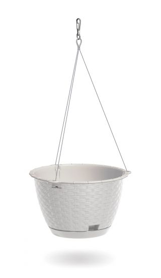 Doniczka wisząca z nierdzewnym łańcuszkiem okrągła + podstawka Ratolla - 22 cm - biała